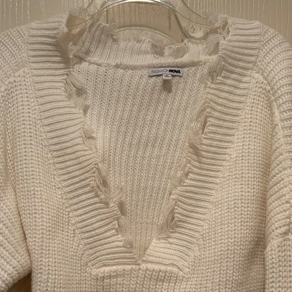 Fashion Nova Cream Frayed V-Neck Sweater - Picture 2 of 6